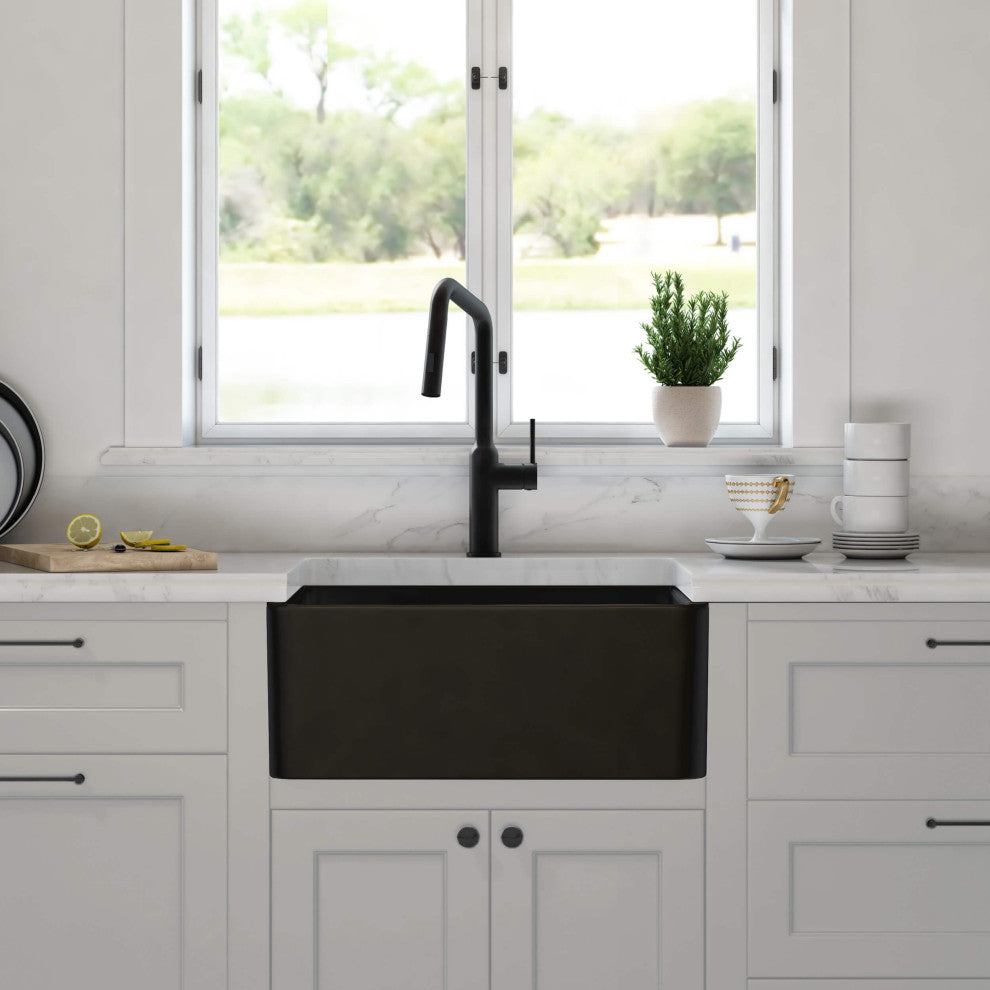 Pure 24" Fireclay Kitchen Farmhouse Apron Front Single Bowl Sink, Matte Black