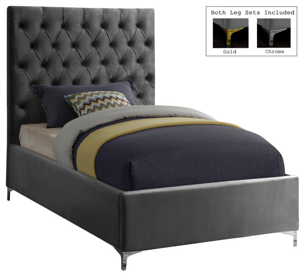 Cruz Velvet Upholstered Bed, Gray, Twin