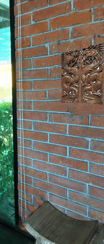 Lucky Dragon Carved Wood Wall Art Decor, Chinese Home Decor, Set of 2, Brown