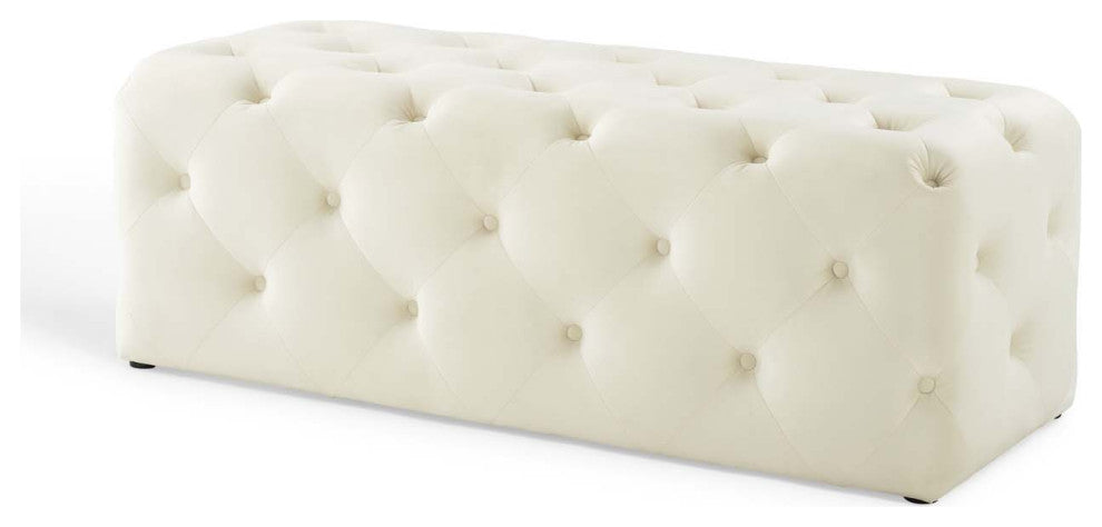 Tufted Accent Chair Bench, Velvet, Ivory White, Modern, Lounge Hospitality