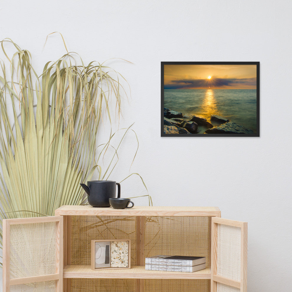 Sun Ray on the Water Coastal Landscape Framed Photo Paper Wall Art Print, Black, 18" X 24"