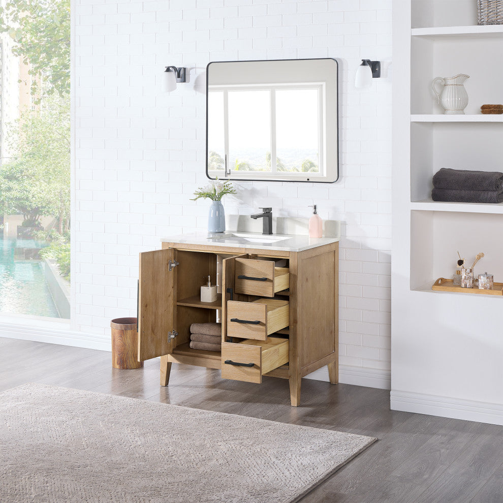 Laurel Bathroom Vanity with Calacatta White Quartz Stone Countertop, Weathered Fir, 36", With Mirror