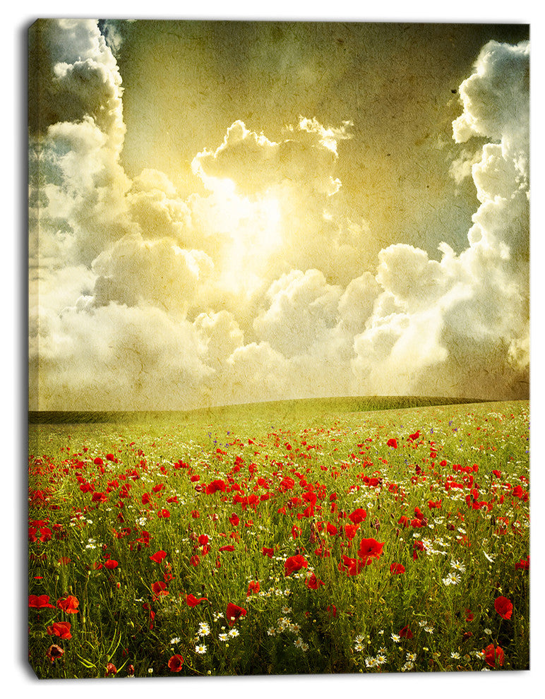 Wild Poppies on Cloudy Background, Extra Large Landscape Canvas Art, 28"x60"