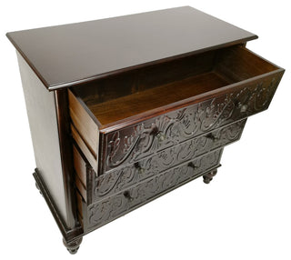 32" Classic Wood Dresser Chest, 3 Drawers, Floral Carving, Brass, Brown