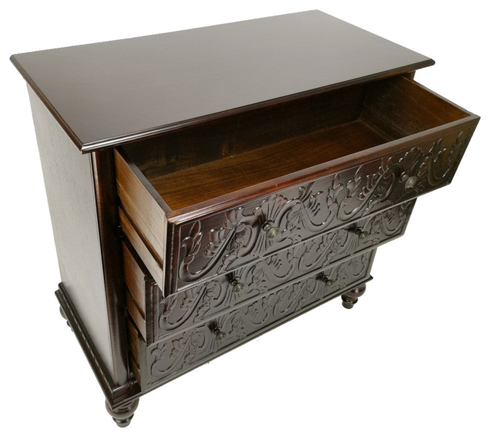 32" Classic Wood Dresser Chest, 3 Drawers, Floral Carving, Brass, Brown