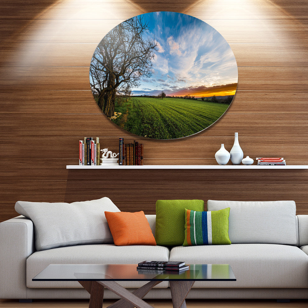 Green Pasture Under Blue Sky, Landscape Art Disc Metal Wall Art, 23"