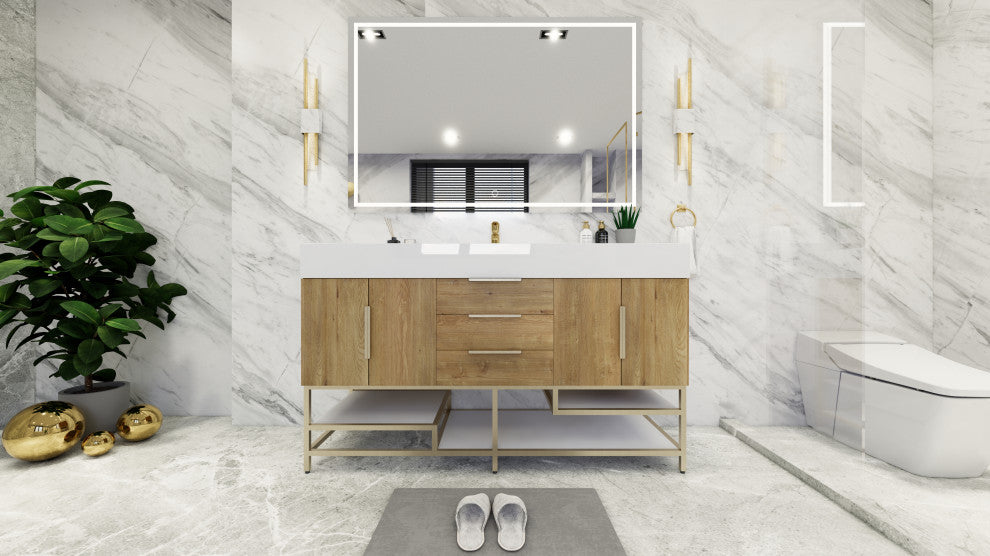 Madison 60" Free Standing Single Sink Vanity with Reinforced Acrylic Sink, Oak