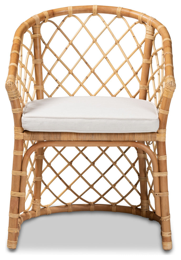 Orchard Bohemian White Fabric Upholstered and Natural Brown Rattan Dining Chair