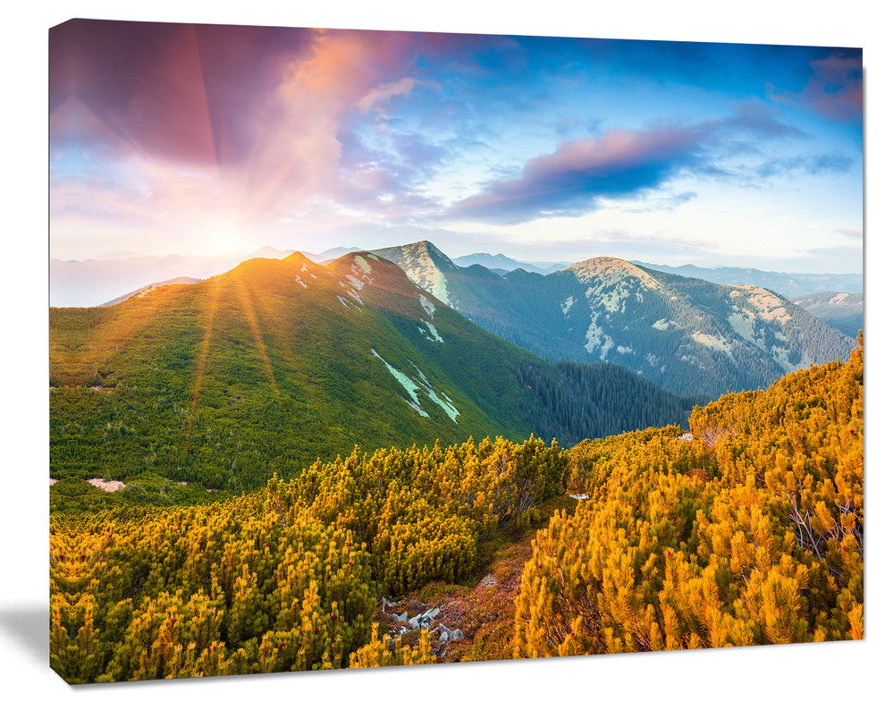 Bright Sunrise in Carpathian Mountains, Landscape Canvas Art Print, 60"x28"