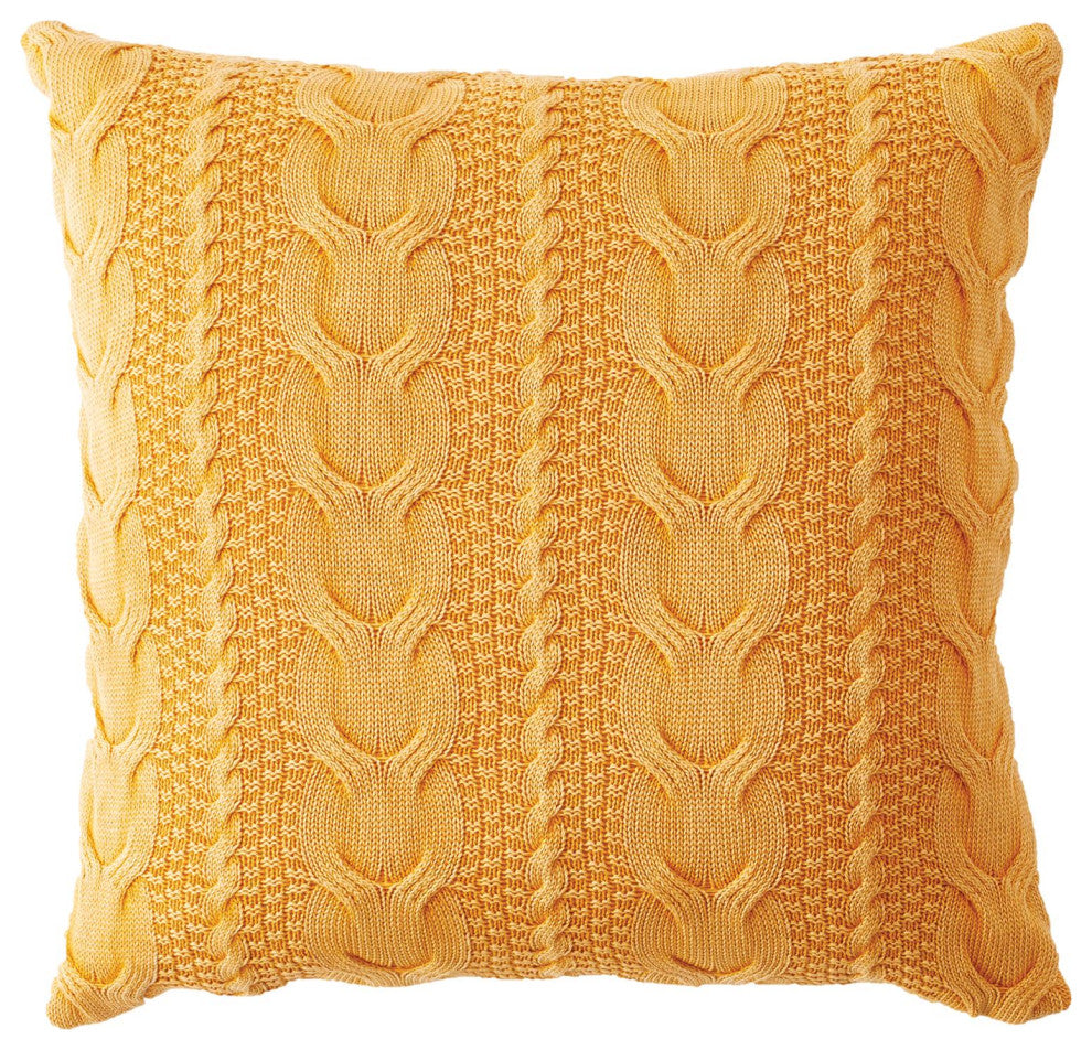 Large Cozy Cable Knit Square Pillow 26 in Ochre Yellow Cotton Floor Cushion