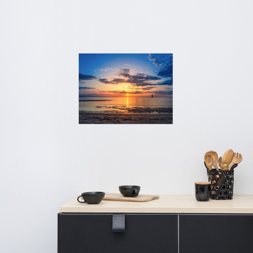 Sunset at Breakwater Lighthouse Coastal Landscape Unframed Wall Art Print, 18" X 24"