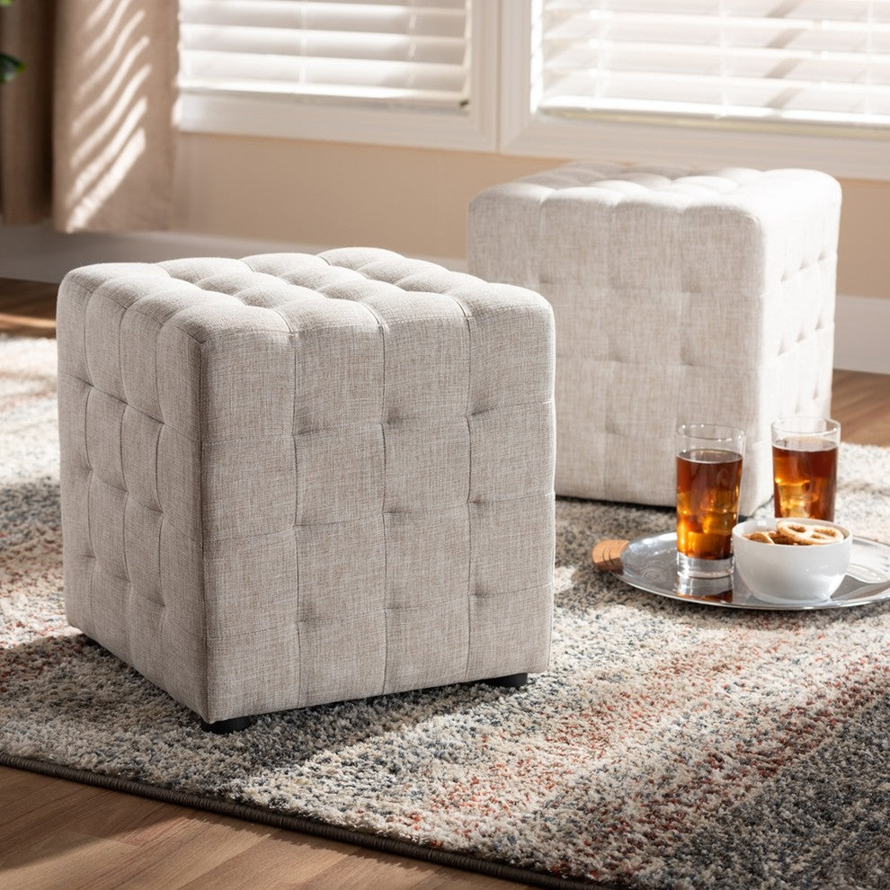 Modern Beige Fabric Upholstered Tufted Cube Ottoman Set of 2
