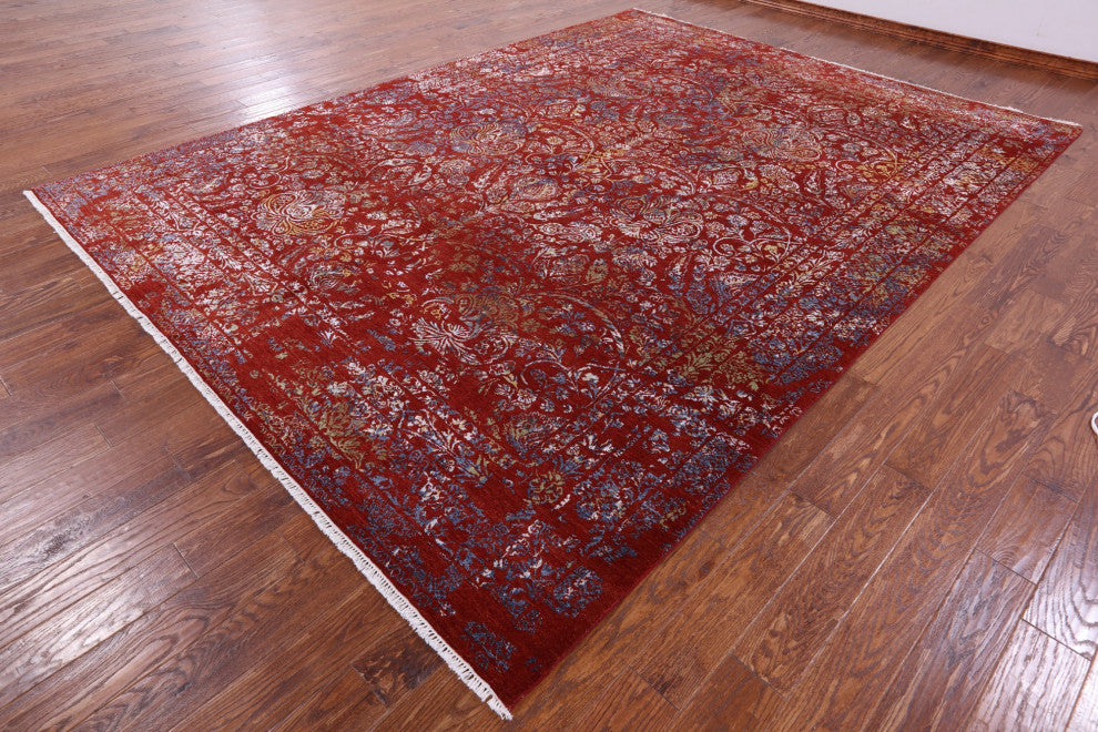 9' 1" X 12' 2" Modern Hand Knotted Wool and Silk Rug Q11353