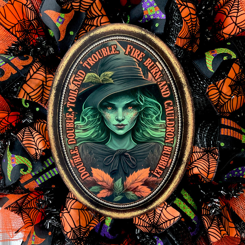 Double Double Toil and Trouble Witch Halloween Deco Mesh Wreath 24 and 28 inch, Extra Large