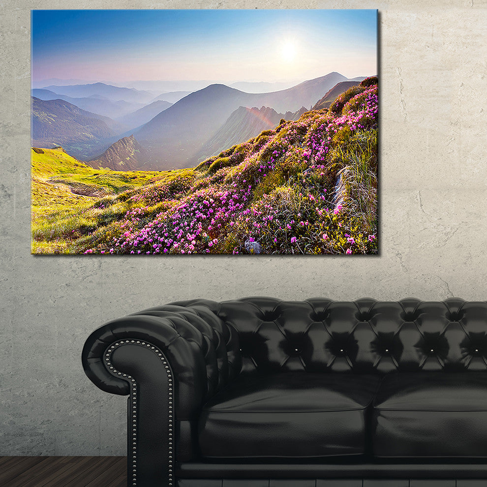"Magic Pink Flowers on Mountains" Landscape Canvas Photo Print, 32"x16"