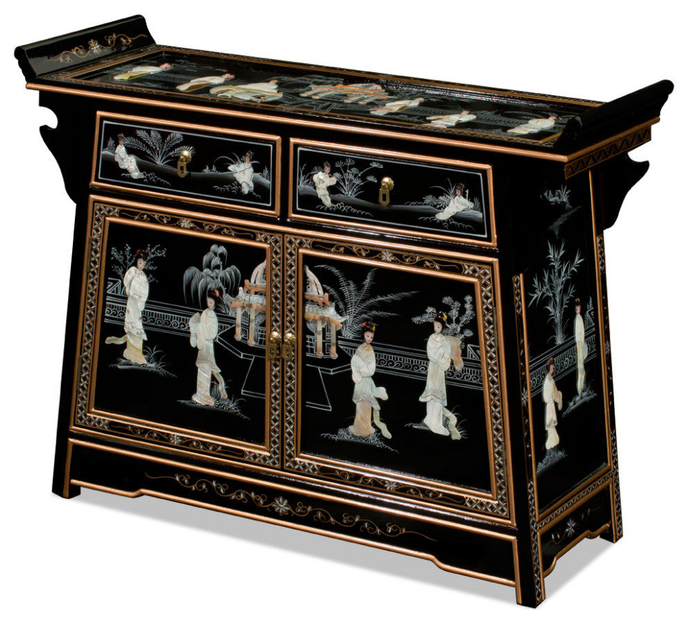 Black Lacquer Mother of Pearl Motif Oriental Altar Style Cabinet
