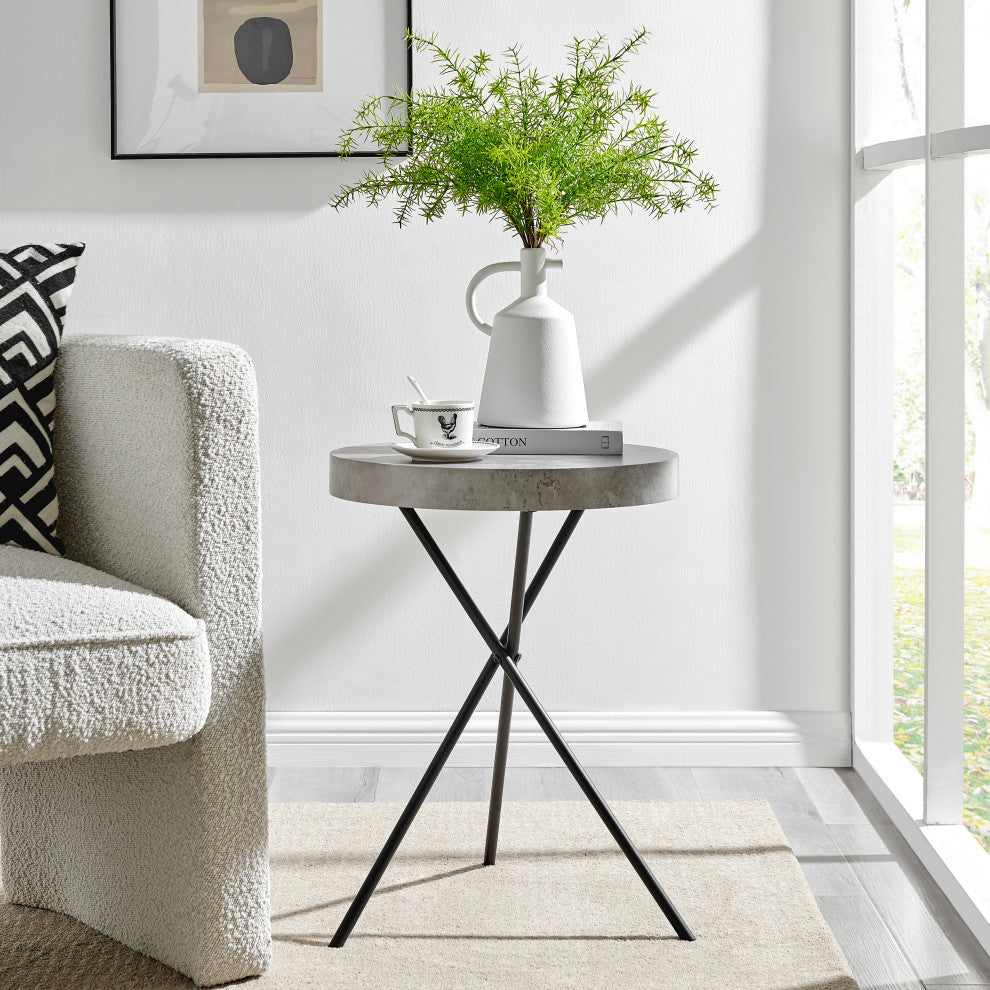 Circular Modern Grey Concrete Finish Black Metal Legs Accent Table