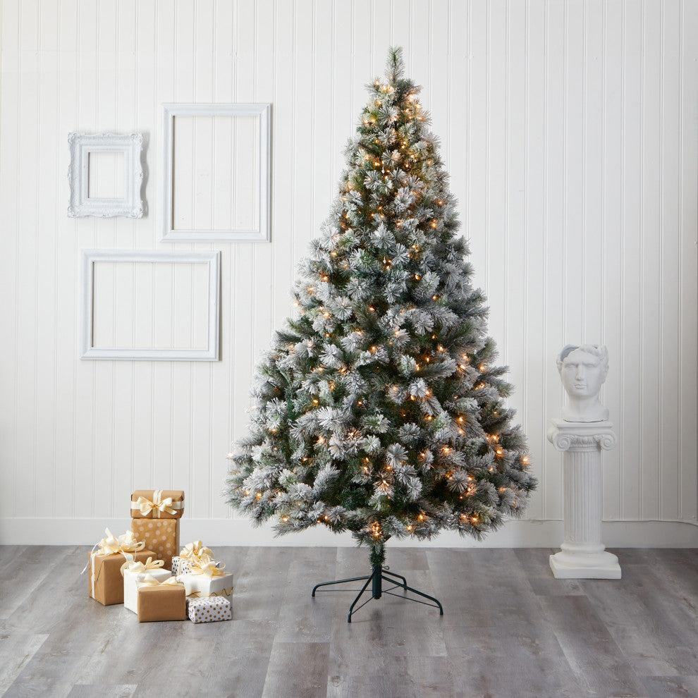 8' Flocked Oregon Pine Faux Xmas Tree W/500 Clear Lights & Bendable Branches