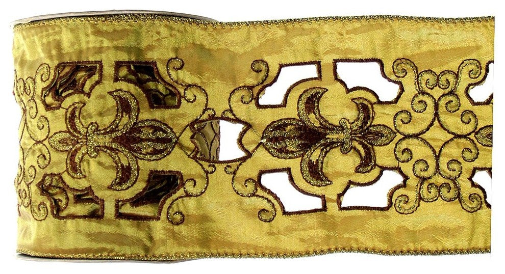 Embroidered Wired Ribbon Dark Brown Fleur De Lis
