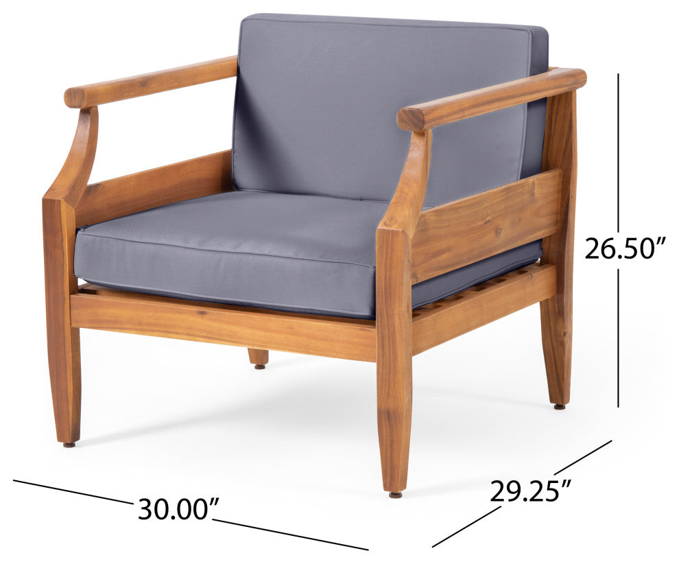 Bianca Outdoor Acacia Wood Club Chairs with Cushions, Teak + Dark Gray, Single