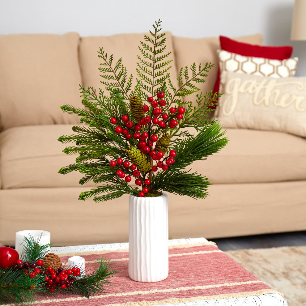 23" Mixed Pine, Pinecone and Berry Artificial Arrangement, White Vase