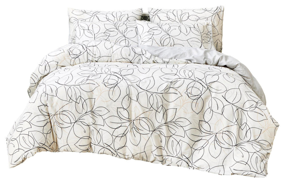Tache Modern Leaf Foliage Abstract White Grey Black Reversible Duvet Cover, Cal