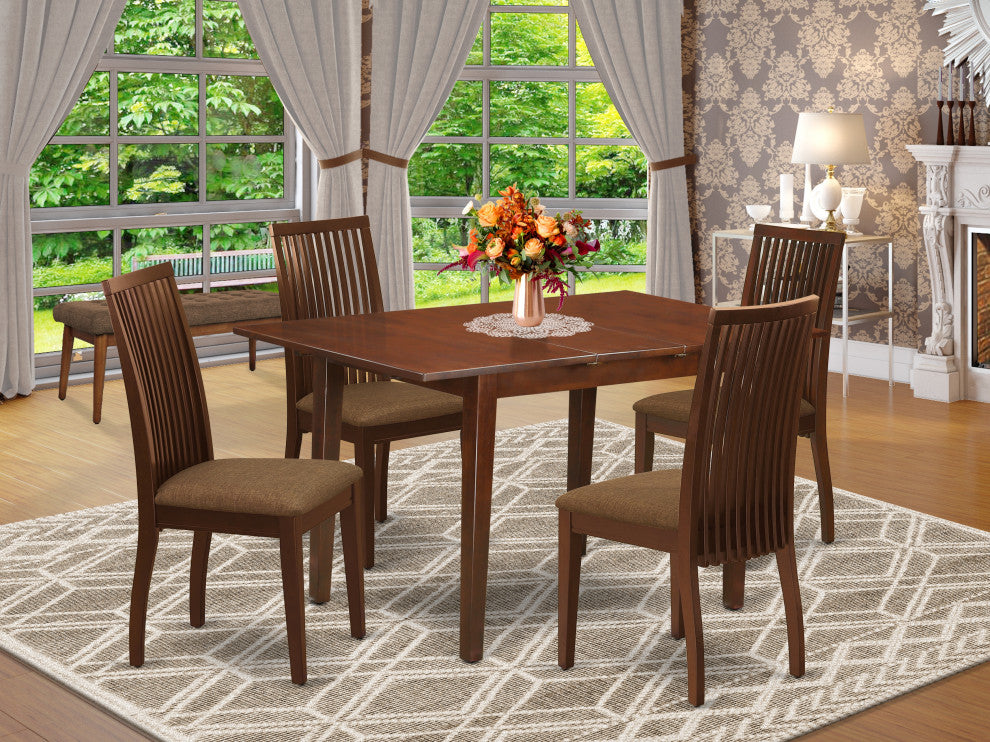 5Pc Dining Set, Rectangle Table, Four Linen Seat Chairs, Mahogany