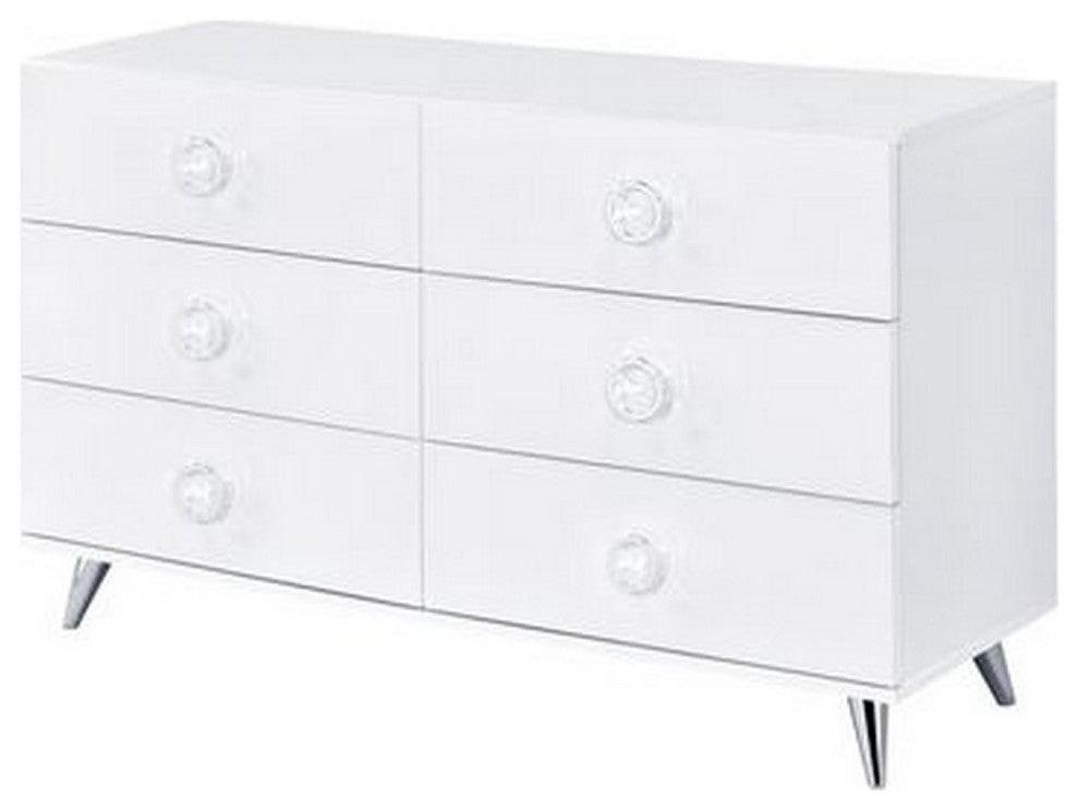 Benzara BM262175 Dresser With 6 Drawers and Angled Metal Feet, White