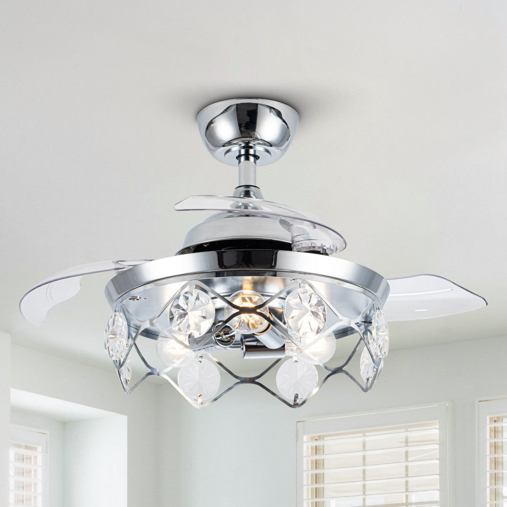 36 in Chrome Crystal Shade Ceiling Fan with Remote, Three Retractable Blades