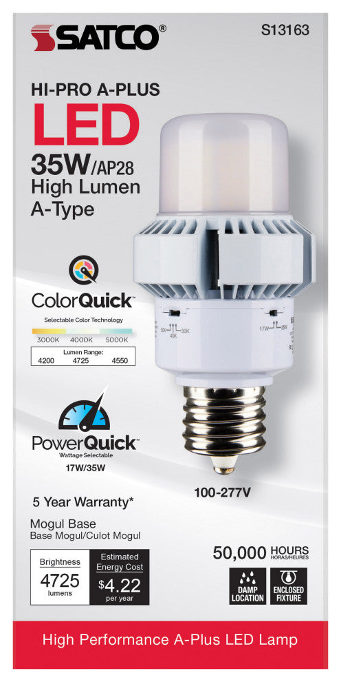 35W, A-Plus 28, LED, CCT Selectable andWage Selectable, Extended Mogul Base