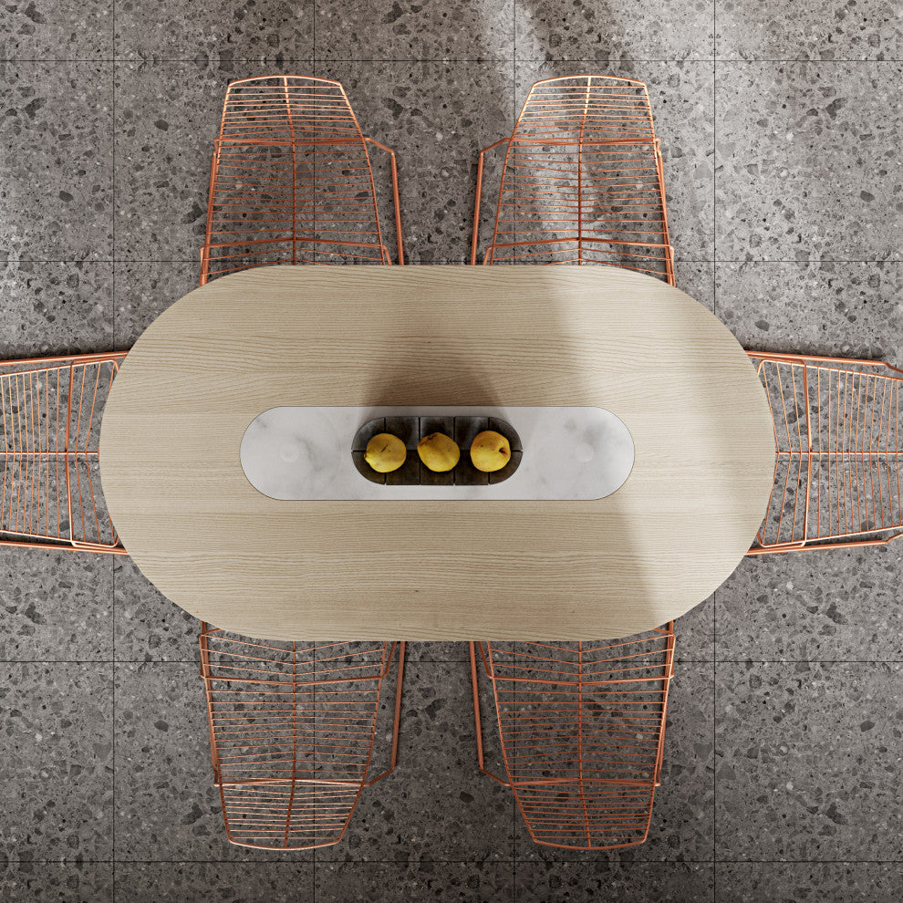 Modern Dining Table, Oak and White Marble