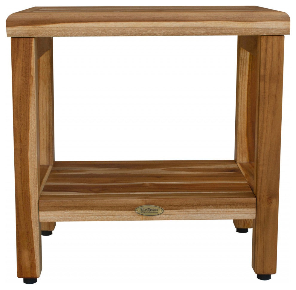 18" Contemporary Teak Shower Stool or Bench With Shelf, Natural Finish