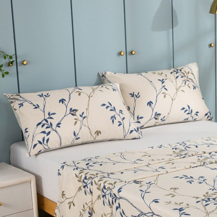 Blue Leaf Vine Cream Poplin Cotton Flat Sheet