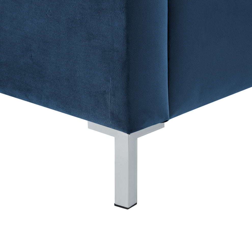 Giovanna Nailhead Trim Platform Bed, Navy Velvet, Queen