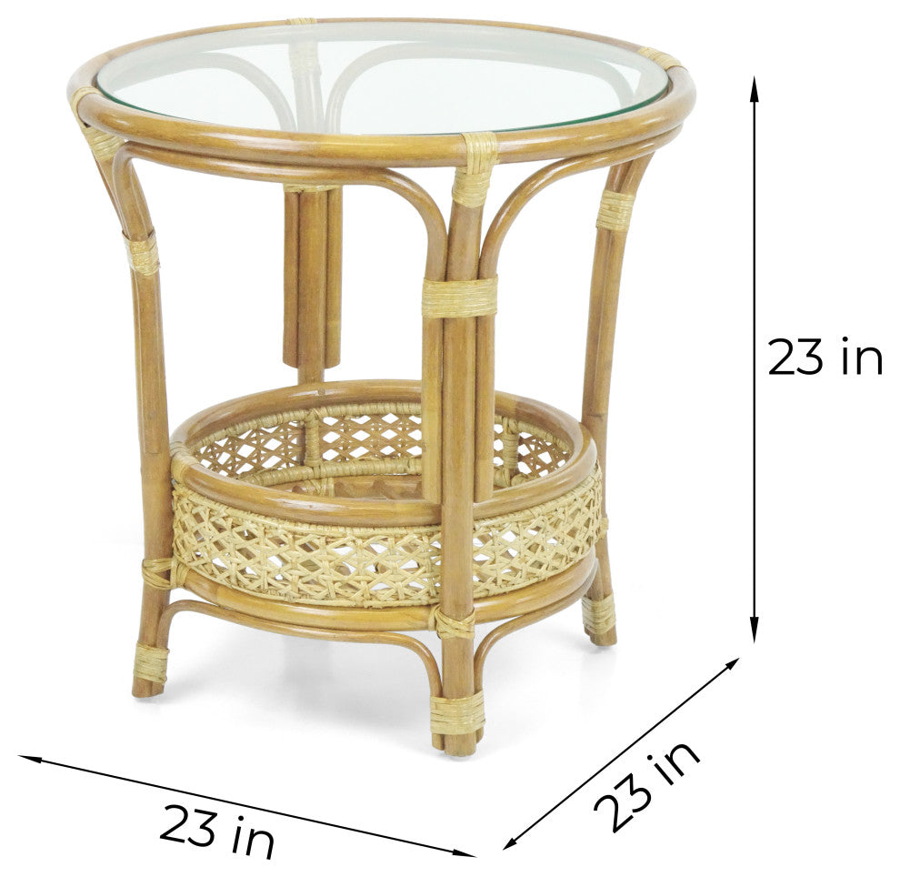 Pelangi Round Rattan Wicker Coffee Table With Glass, Natural