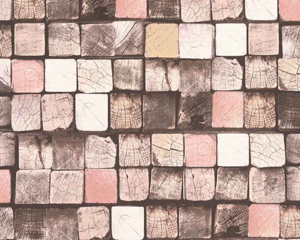Faux Textured Wallpaper, Wood Mozaic, Brown Cream Pink, Sample