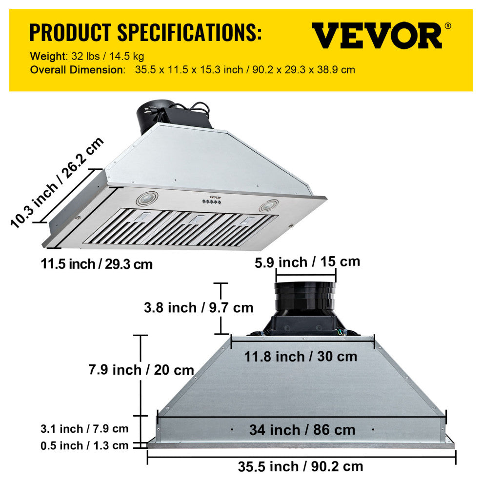 VEVOR Built-in Range Hood Insert Vent Hood 800CFM 36in Push Button Control