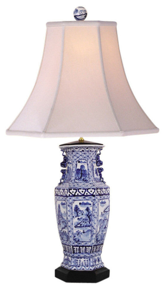 Blue and White Porcelain Hexagonal Landscape Vase Table Lamp 32"