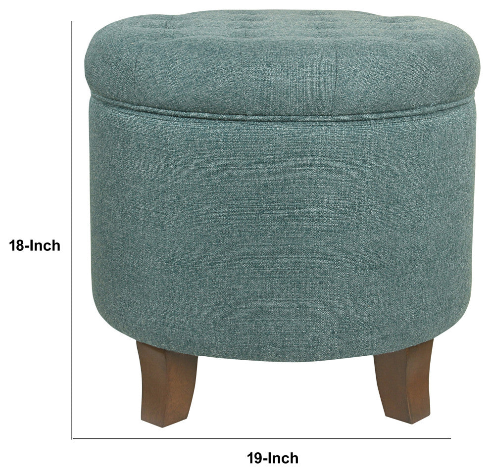 Benzara BM194933 Fabric Round Ottoman With Lift Top Storage, Teal Blue and Brown