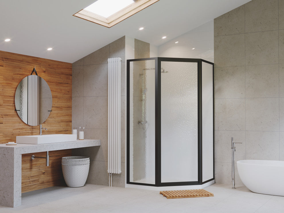 Legend Framed Neo-Angle Shower Door, Obscure, Matte Black, 54"x70"