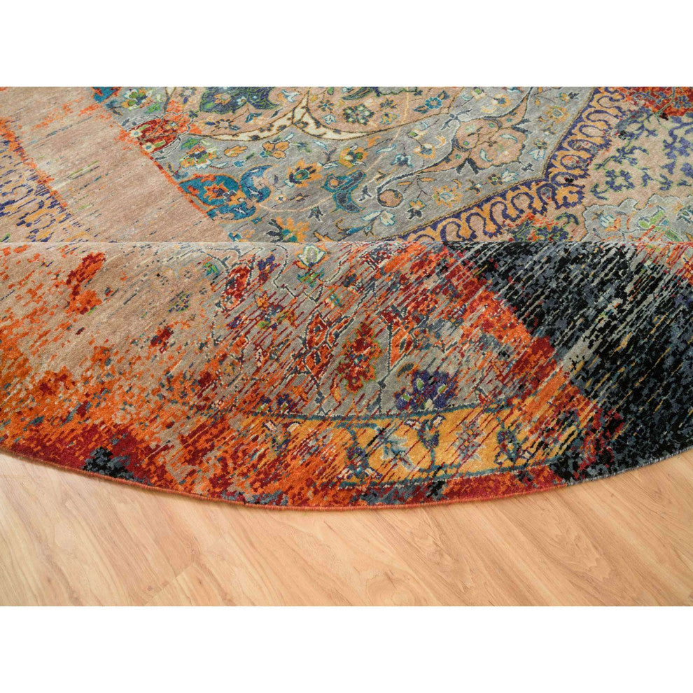 Orange Hand Knotted Ancient Ottoman Erased Design Wool Round Rug 14'x14'