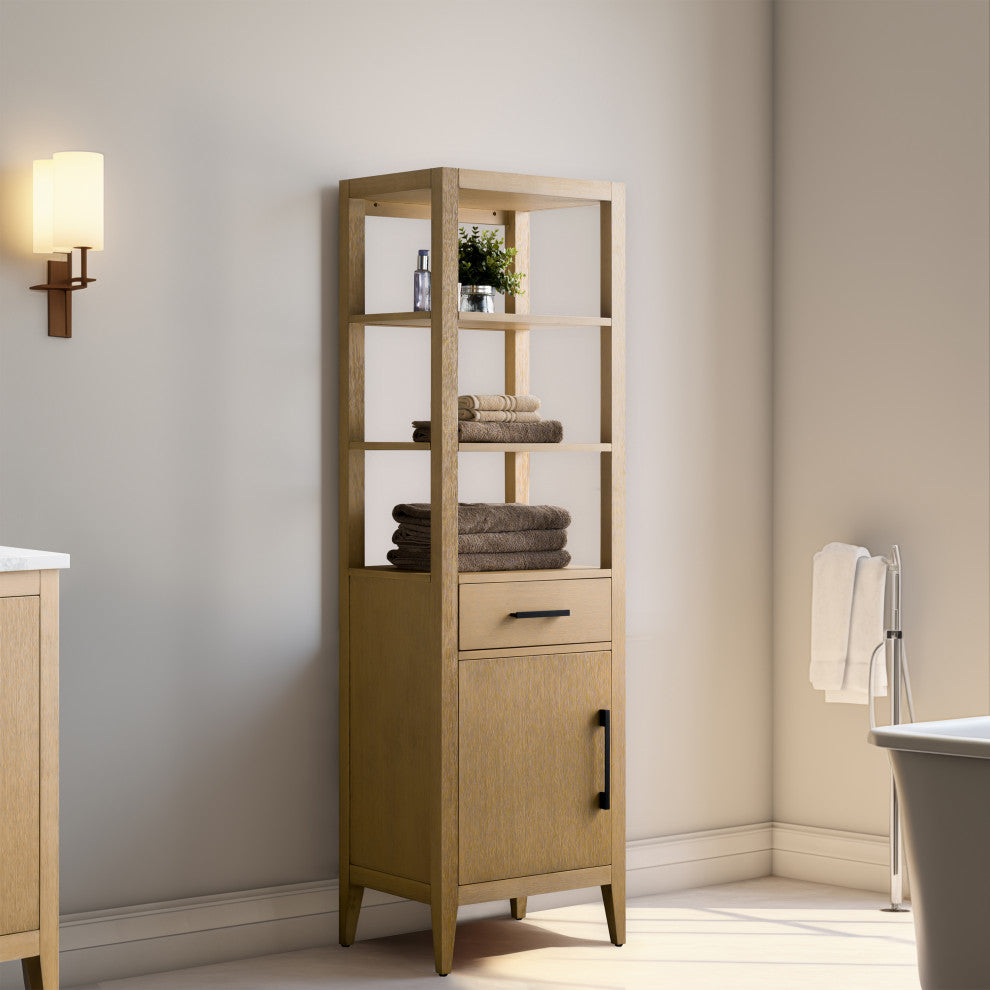 Vanity Art 21" Freestanding Linen Cabinet, Natural Oak, Matte Black Handle
