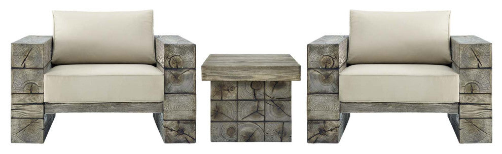 Lounge Chair Table Set, Sunbrella, Simulated Wood, Gray Beige, Outdoor