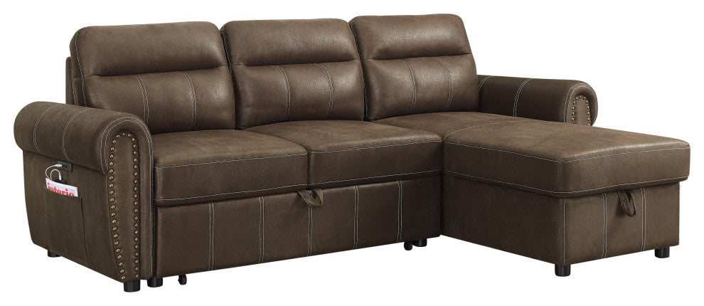 Hugo Brown Reversible Sleeper Sectional Sofa Chaise With USB Charger