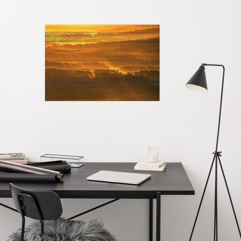 Faux Wood Golden Mist Valley - Hills & Mountain Range Wall Art Prints, 24" X 36"
