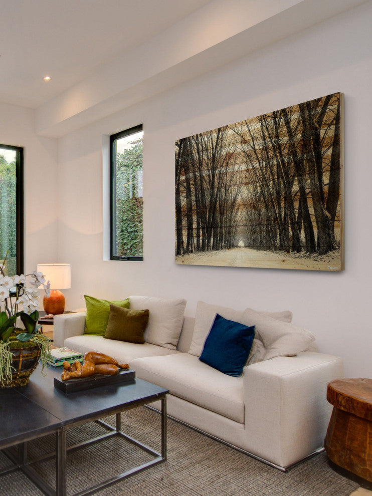 "Tree Path" Print on Natural Pine Wood, 60"x40"
