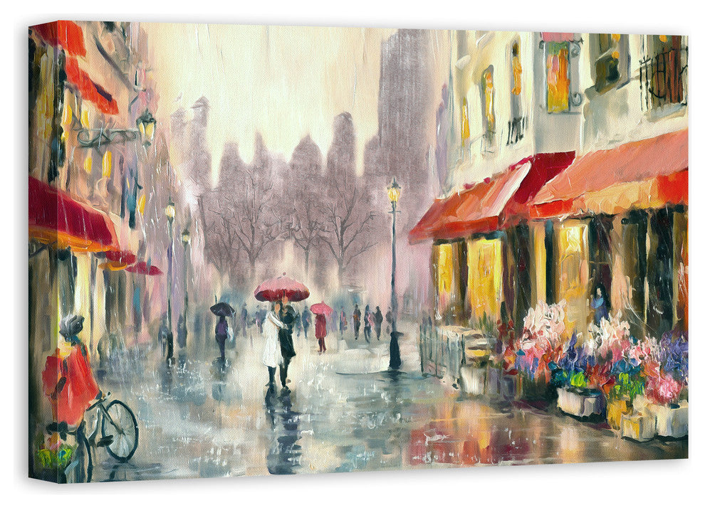 Red Umbrella in Rainy European City 20x30 Canvas Wall Art