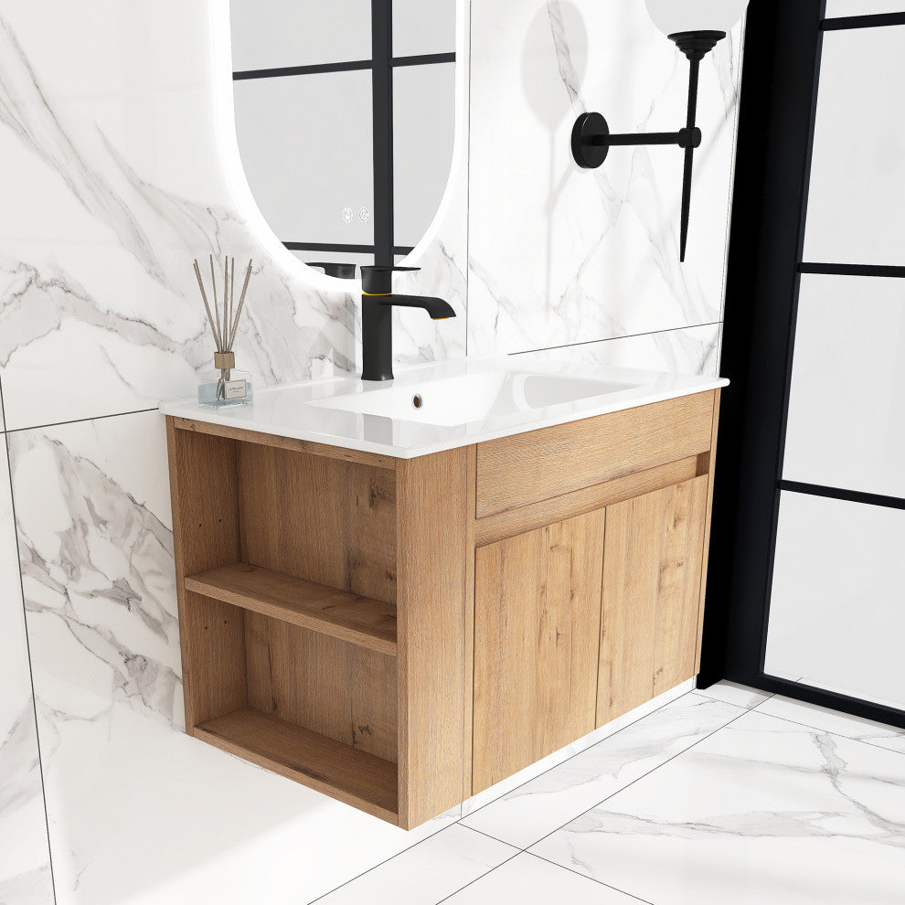 30 inch Wood Wall-Mounted Bathroom Vanity Set with Integrated Resin Sink, Imitative Oakï¼Œwhite