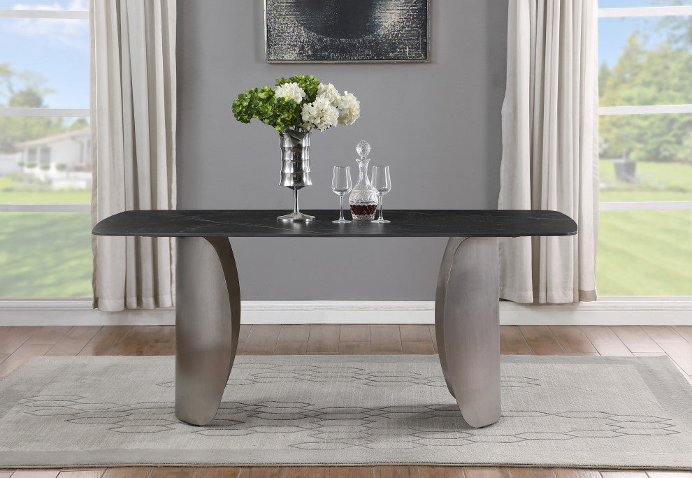 Niya Dining Table, Black, Brushed Silver Base
