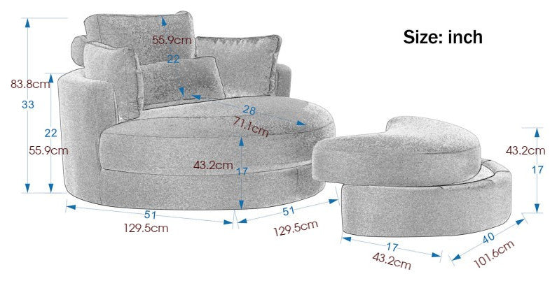 Modern Grey Sofa with a Storage and a Big Round Linen Fabric Chair for Lounge, Blue